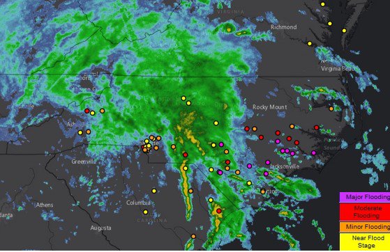 Radar display from 7:30pm EDT Sunday September 16, 2018, along with river stations at or near flood stage.