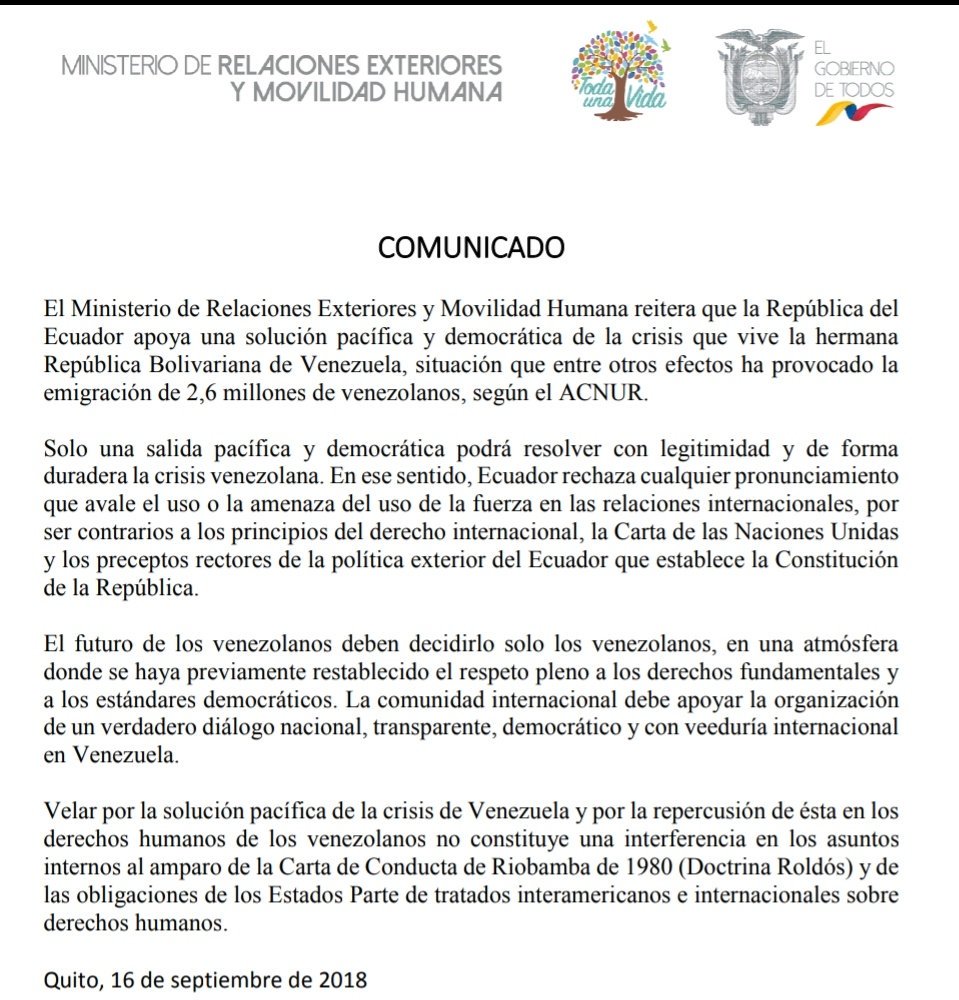 Ecuador rechaza pretensiones extranjeras del uso de la violencia "contra la hermana Venezuela" DnQVvYiXgAAeaKV