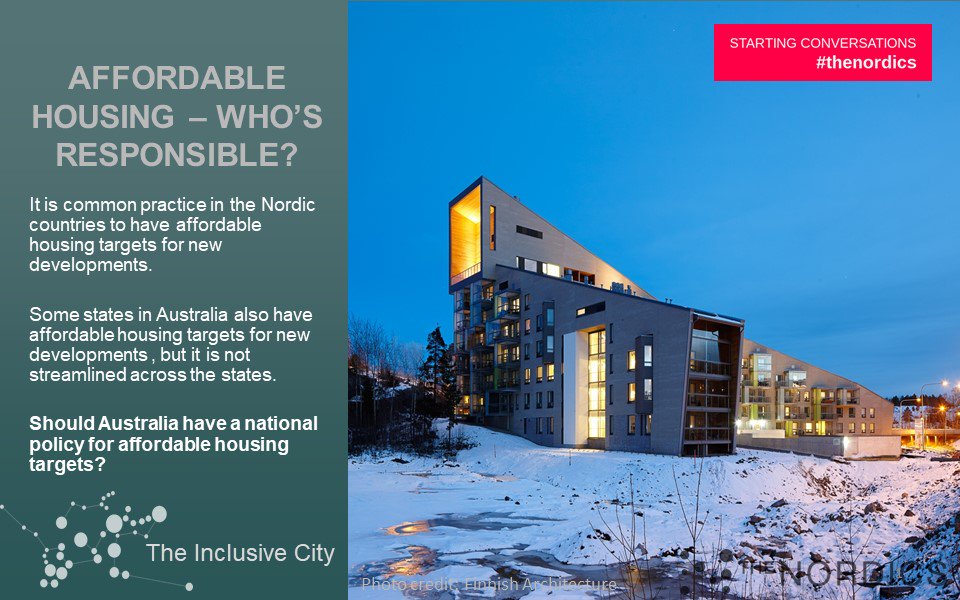 FinEmbAustralia's tweet photo. Inclusive housing policies contribute to #NordicSustainableCities capacity to provide housing options for all residents. Join the conversation #TheNordics #TheNordicsAU #EverybodysHome #Evolvehousing #AHURIAUS https://t.co/19MHxcTwsS