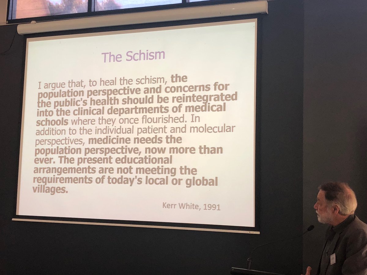 baumfran's tweet photo. Plea quoting Kerr White saying that we need more #population health teaching in health professional education instead of current schism #cphc2018  ⁦@_PHAA_⁩ https://t.co/Dq6qJaug8P