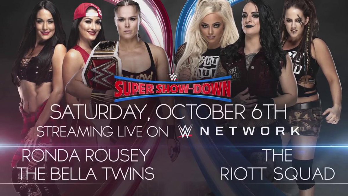 WWE's tweet image. Streaming LIVE on @WWENetwork October 6, The @BellaTwins &amp;amp; @RondaRousey team up to battle The #RiottSquad at #WWESSD in Melbourne, Australia!