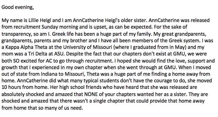 lil_heigl's tweet image. My sister who has Down syndrome went through @GMUPanhellenic sorority recruitment this weekend and her experienced has left her feeling unwanted and devastated. Here is my response to their Greek Life