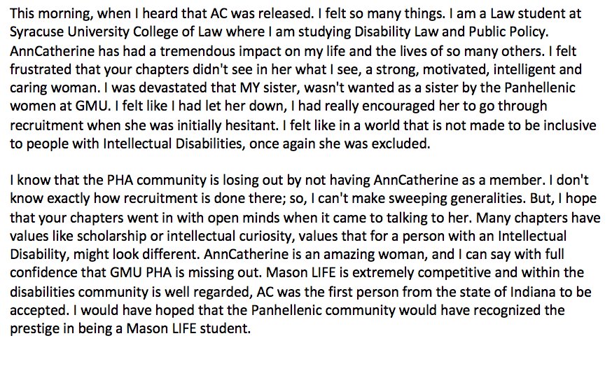 lil_heigl's tweet image. My sister who has Down syndrome went through @GMUPanhellenic sorority recruitment this weekend and her experienced has left her feeling unwanted and devastated. Here is my response to their Greek Life