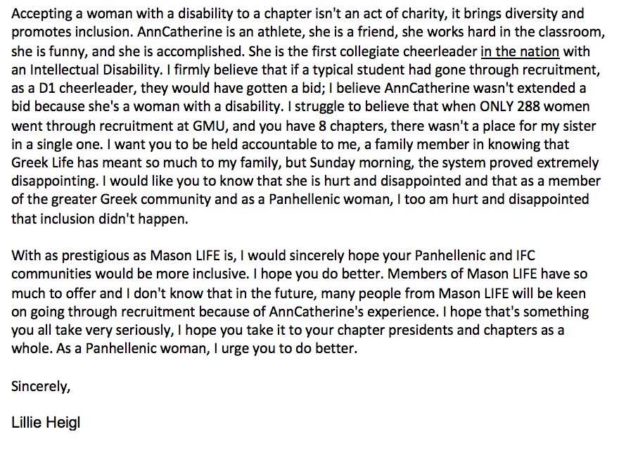 lil_heigl's tweet image. My sister who has Down syndrome went through @GMUPanhellenic sorority recruitment this weekend and her experienced has left her feeling unwanted and devastated. Here is my response to their Greek Life