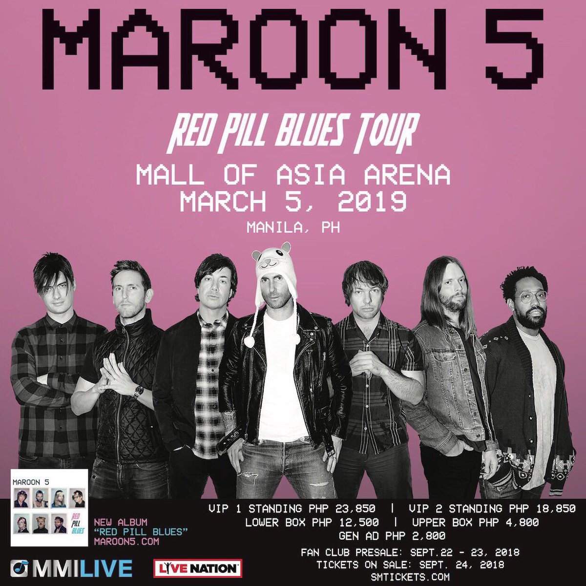 livenationph's tweet photo. M5 on M5!
Maroon 5 live in Manila on March 5, 2019 at the @MOAArena for their #RedPillBluesTour!

#RedPillBluesTourMNL ticket prices:
VIP 1 Standing - P23,850
VIP 2 Standing - P18,850
Lower Box - P12,500
Upper Box - P4,800
GA - P2,800

#MMILive2019 https://t.co/rTZna8VXHt