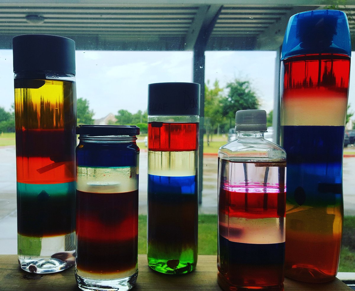 Hooray_for_Mr_K's tweet photo. THEY'RE BACK!! Density bottles are back. Students love them, teachers and parents well... Interesting world of stacking household liquids. @salyardsms #science #weirdwildstuff https://t.co/3hq45TiC2z