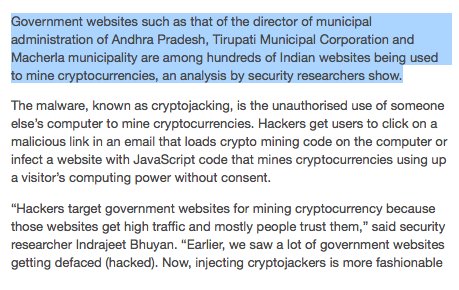 NilChristopher's tweet photo. India might have restrictions on cryptos, but government websites in the country are inadvertently helping hackers make magic money off of there websites. Hundreds of websites and over 13,500 Indian home routers are affected by cryptojacking software https://t.co/NUdba26456 https://t.co/6btBm0hovu