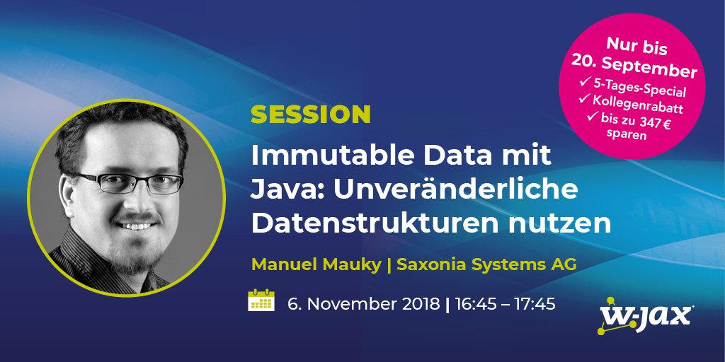 jaxcon's tweet image. In diesem Vortrag liefert Manuel Mauky eine Einführung zu #ImmutableData im Zusammenhang mit funktionalen Programmen. Er stellt im Weiteren einige der Techniken in #Java vor. Abschließend bespricht er Vor- und Nachteile von Immutables u. ihren Techniken. ow.ly/H7Tv30lP0hI