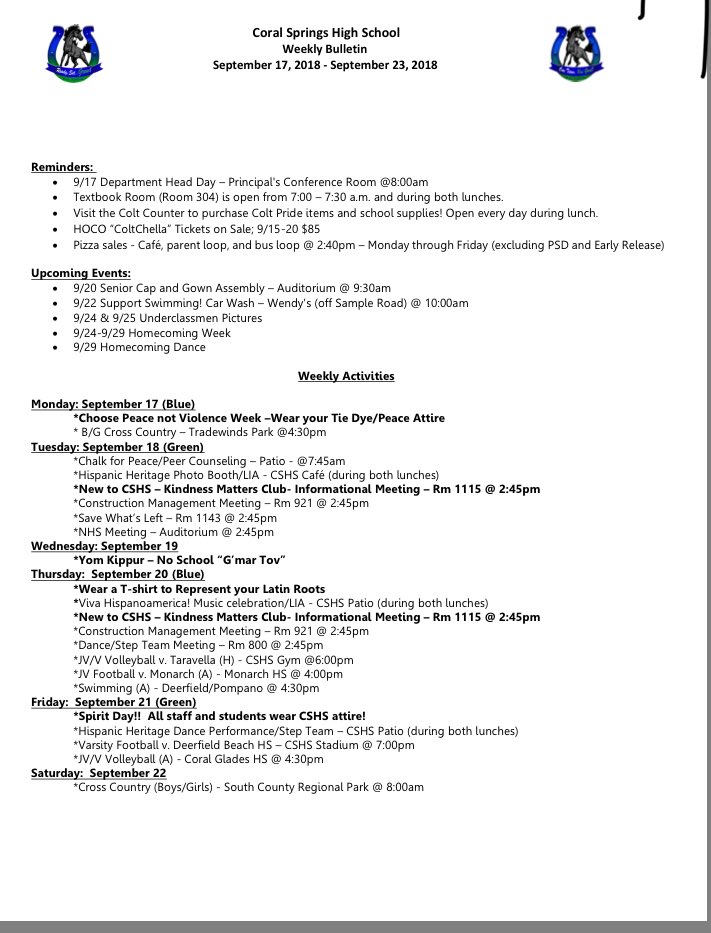Colts-Stay connected &amp; involved! Read &amp; retweet the Weekly Bulletin! Remember to Choose Peace! One Team,One Goal! We are...#ColtsUnited! @APBrown7 <a href="/ColtConnection/">Colt Connection</a> <a href="/CSHS2021/">CSHS2021</a> <a href="/cshs2020/">Class of 2020</a> <a href="/cshs2019/">Class of 2019</a>
