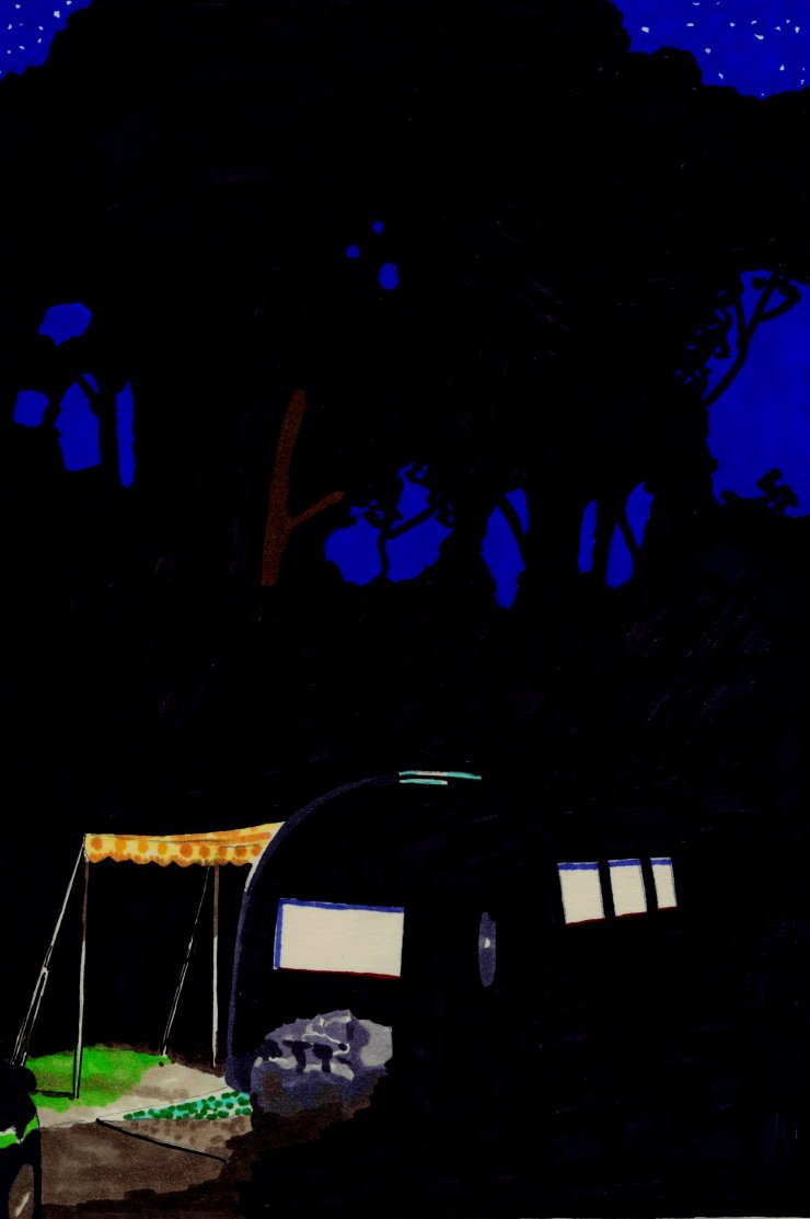 TonySowersby's tweet photo. 'Campsite at night' a #pen and #markers #drawing A reflection on our #weekend in an #airstream #caravan at #Bobbanaring also known as #PointLeo on the #morningtonpeninsula #Bunurongland https://t.co/sGVh5cGLkL