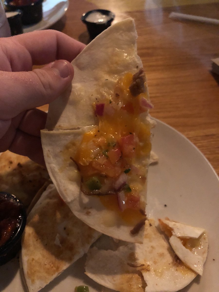 mglock28's tweet photo. Hey @Applebees , ordered your brisket quesadillas. Got a 1/8 of an inch size piece of brisket.... and that’s it. Might wanna check in on your recipe, add some more meat. https://t.co/Si0CPUlKav