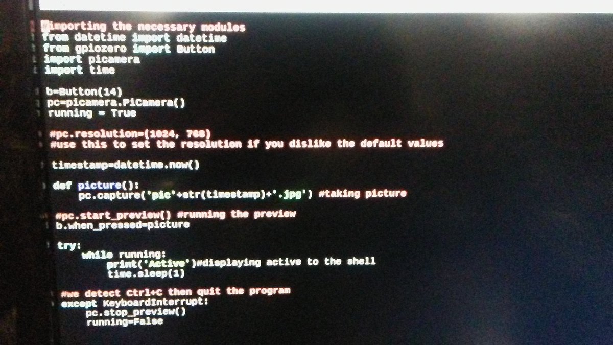 barkmasterwoof's tweet image. D:68
Ok so today I tried to get the push button code to work for my #RaspberryPi
#picam and I can only get it to tale just one picture after the code runs and have to restart code for another pic HELP! #progress #programming #100DaysOfCode #coding