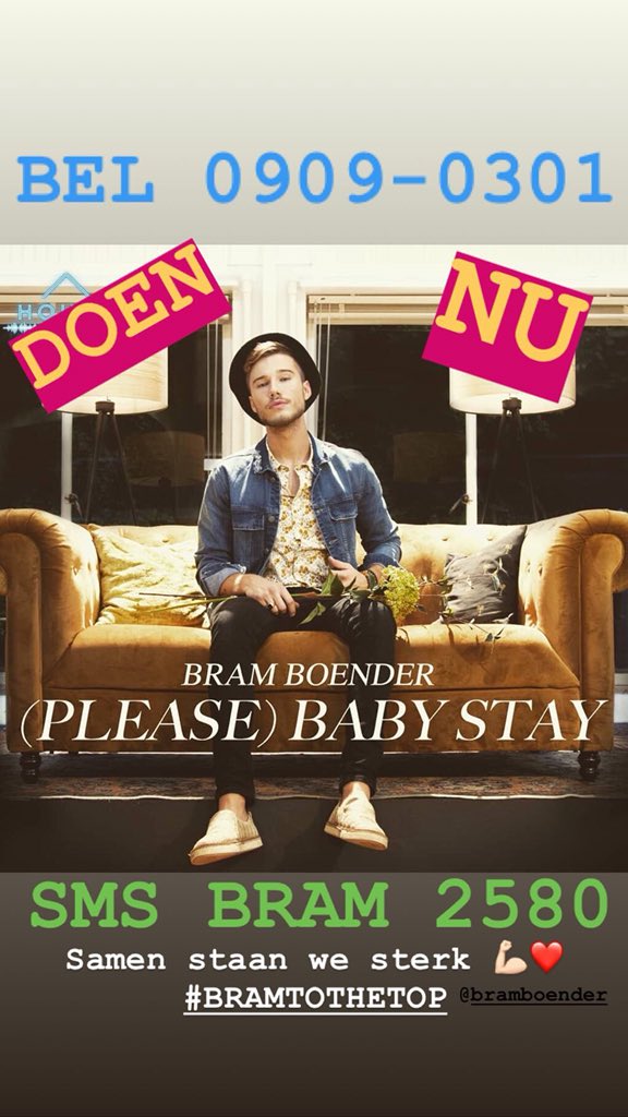 Wij willen natuurlijk dat @bramboender_HOT een videoclip bij zijn 2e single “(Please) Baby Stay” mag maken. Maar daarvoor hebben we wel jullie hulp nodig. 

Bel 0909-0301
of 
Sms BRAM naar 2580

Samen staan we sterk 💪🏻❤️
#BRAMTOTHETOP 

En STREAM het nummer op Spotify!!!