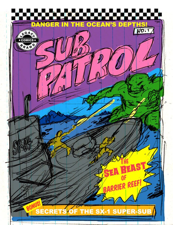 LegacyBrand's tweet photo. Facing Danger in the Ocean's Depths!
 SUB PATROL © 2018 Legacy Brand Comics 
 #conceptart #coverlayout #secretadventures #subpatrol #SX1 #supersub  #submarine #silverage #homage #DCComics #gogochecks https://t.co/FBC4viBdcC
