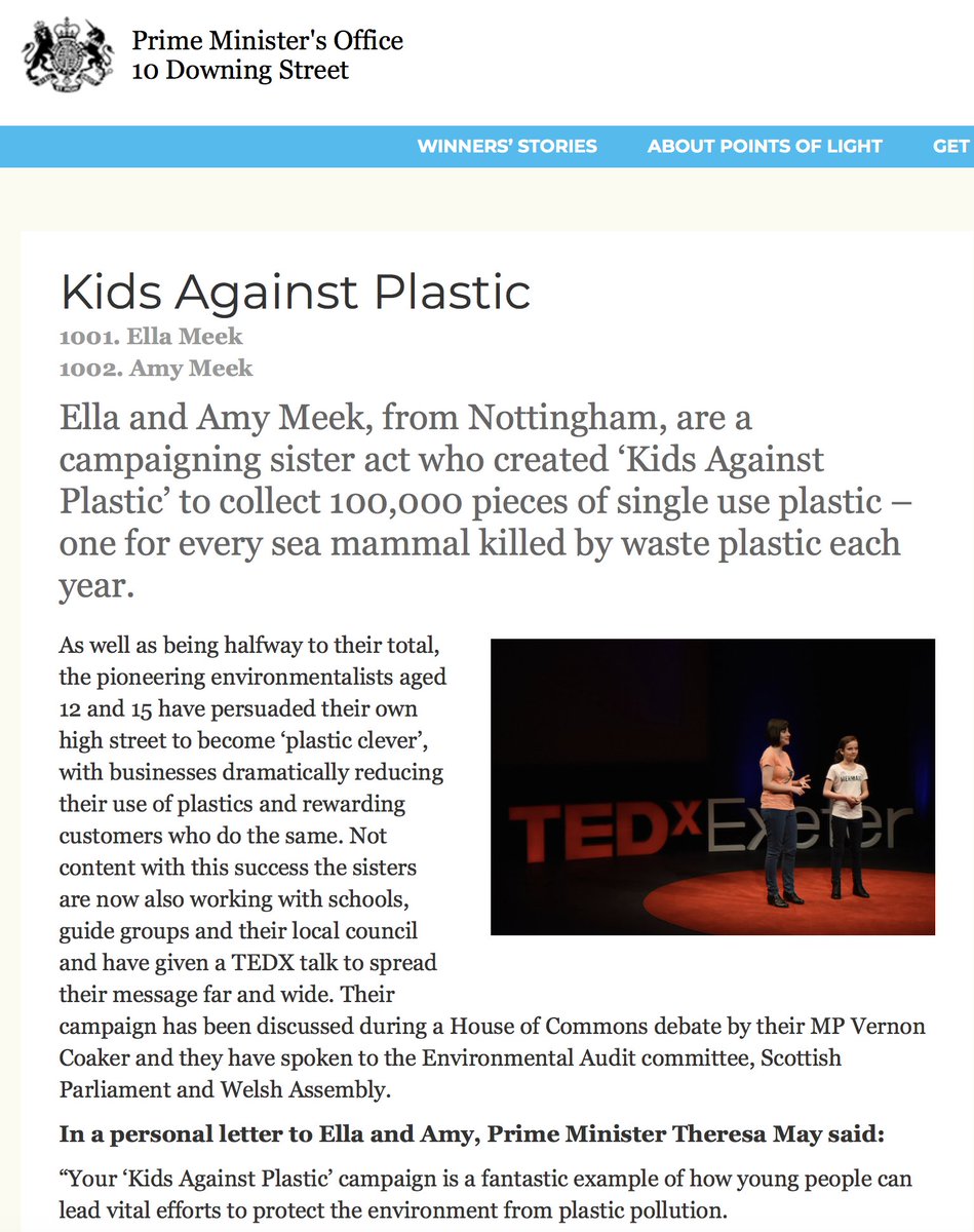 Amy and Ella are honoured to have their Kids Against Plastic campaign recognised by <a href="/theresa_may/">Theresa May</a> today in the Points of Light daily award 👍💚 pointsoflight.gov.uk/kids-against-p… <a href="/KidsVplastic/">Kids Against Plastic</a> <a href="/EcoSchools/">Eco-Schools England</a> <a href="/Geovation/">Geovation</a> <a href="/esriuk/">Esri UK</a> <a href="/Vernon_Coaker/">Lord Vernon Coaker</a> <a href="/GedlingBC/">Gedling Borough Council</a> <a href="/TEDxExeter/">TEDxExeter</a> #plastic #pollution