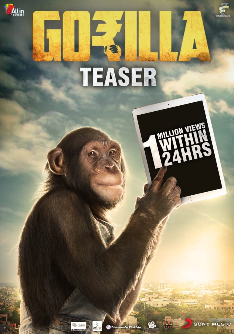 cinemajourn's tweet photo. #GorillaTeaser Hits 1 million views in less than 24 hours 

#1MViewsInGorillaTeaser

https://t.co/rGXA4kB1SZ

@Actorjiiva @shalinipandeyyy @uginsandy @SamCSmusic @actorsathish @iYogiBabu @AntonyLRuben @UmeshPranav @All_In_Pictures @7screenstudio @SonyMusicSouth @proyuvraaj https://t.co/xvrQ10oJVN