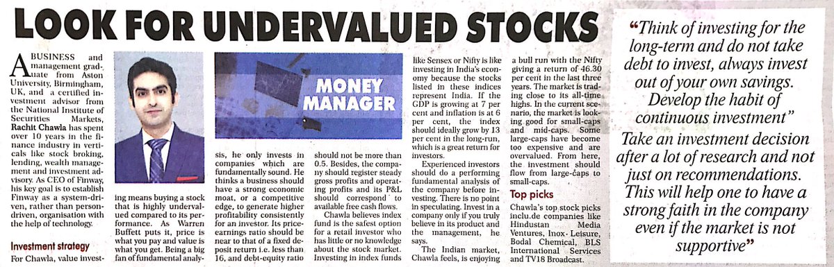 FinwayFSC's tweet photo. "Look for undervalued stock" bylined article by Rachit Chawla, CEO & Founder of Finway, get published in the #FinancialChronicle
#News #BusinessNews #StockMarket #FinancialNews https://t.co/qWgYs9cnWr