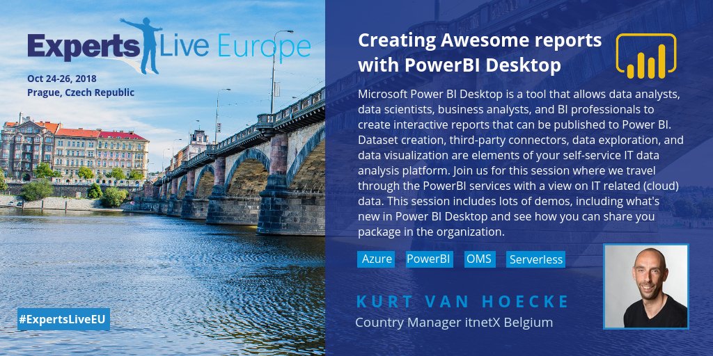 "Creating Awesome reports with #PowerBI Desktop" is a session at #ExpertsLiveEU you really don't want to miss. Join <a href="/BunkCo/">Kurt Van Hoecke</a> as he will do lots of demos &amp; show you how to impress your coworkers when you're back in the office, with that perfect PowerBI report. #Azure #MSOMS