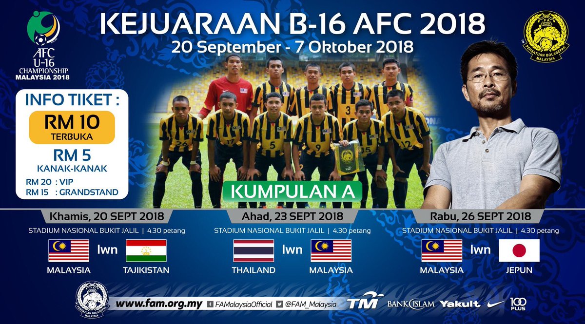fariqrahman_'s tweet photo. kurang dari 3 hari. Ayuh! Berikan sokongan padu kepada Pasukan Bola Sepak Malaysia bawah 16 dlm Kejohanan AFC 2018.

#TEAMMAS #NFDP #YouthPower 

p/s: 4 Pasukan terbaik (semi-final) akan berpeluang beraksi di Piala Dunia B-17 2019 https://t.co/FUHRMXYyou