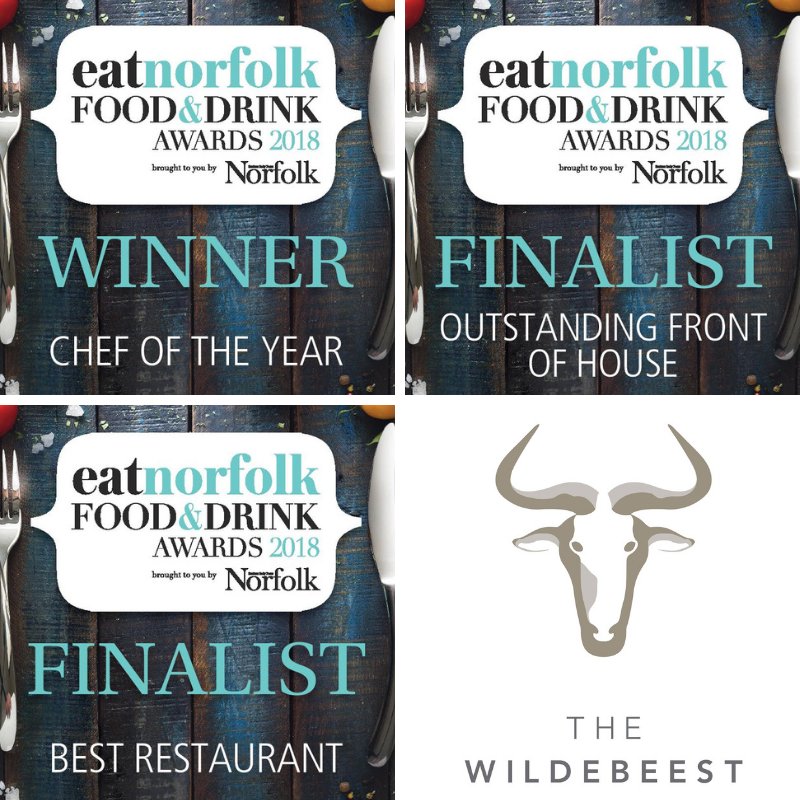 wildebeestarms's tweet photo. We are over the moon to have scooped some coveted FINALIST spots in the Eat Norfolk Food & Drink Awards 2018 for Best Restaurant and Outstanding Front of House, and we couldn't be prouder of our Head Chef Charlie Wilson for being crowned Norfolk Chef of the Year 2018! #NFADA https://t.co/Tab8K9OsII