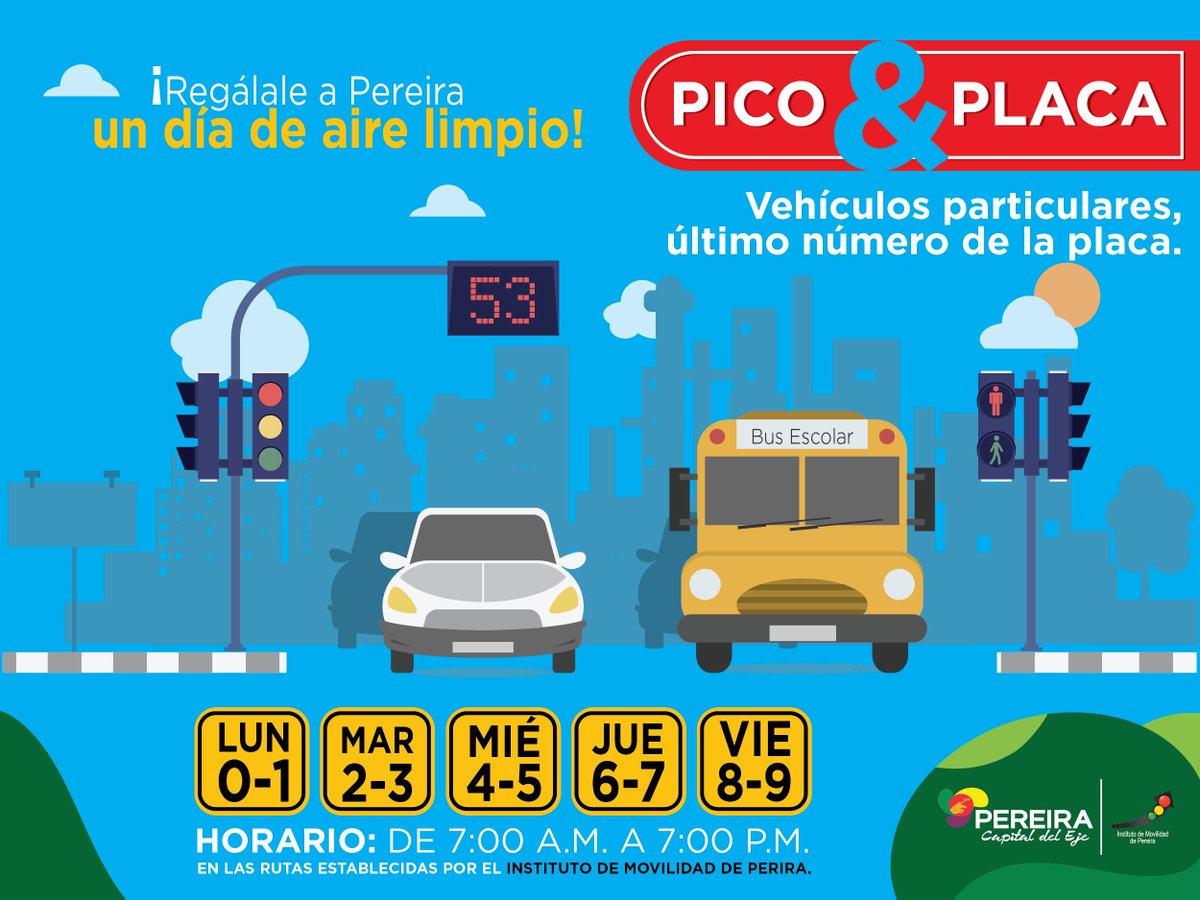 Pico y Placa para hoy 0 - 1 │ carros particulares el último dígito de la placa y motos el primero. #MovilidadPereira