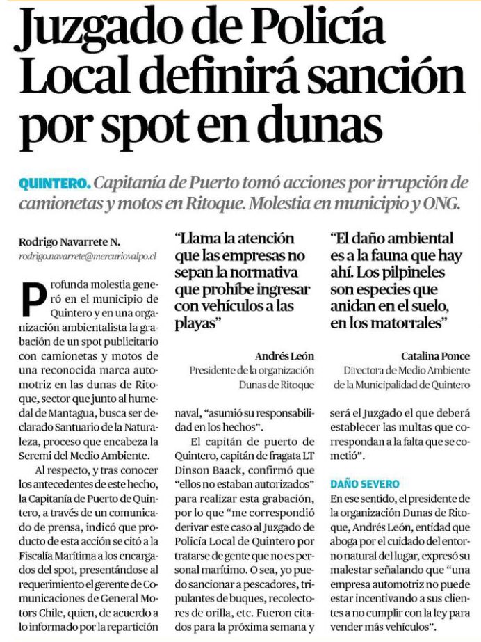 Cp_Quintero's tweet photo. Compartimos la noticia de @mercuriovalpo publicada el día de ayer en relación al spot de @ChevroletCL en playa #Ritoque y las medidas adoptadas.
Recordar que está prohibido el ingreso a las playas con vehículos motorizados.
Es obligación de todos cuidar el #MedioAmbiente https://t.co/X0r4CWXAPM