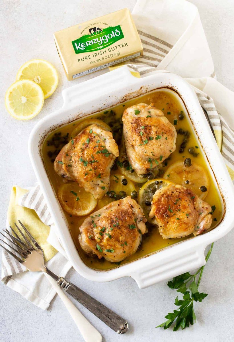 garnishwlemon's tweet photo. Yes! You can get crispy skin in the oven. Packed with flavor, These Crispy Chicken Thighs with Capers are baked not fried! No mess and made in one pan! #chicken #dinners #capers #picatta #spon @KerrygoldUSA https://t.co/k14X5k3f5F https://t.co/d2T8q2KRo9