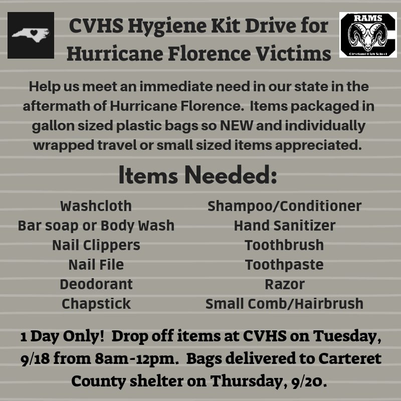 CVHSCounselors's tweet image. Hey @TheOfficialCvHS! Out &amp;amp; about today restocking fridge or bc you have cabin fever? Grab some hygiene items for those in coastal NC who may have lost everything.  See image for details.  Drop off tomorrow only, 9/18 at CVHS from 8-12. 💙@HairrJenna @CvHSABC @cvhs_co2019 @CvHS20