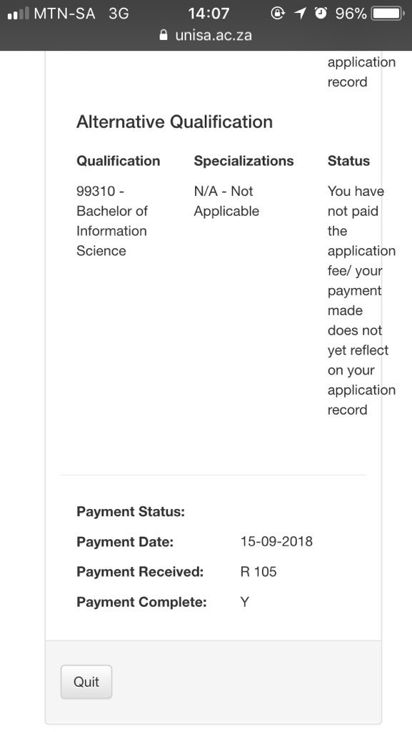 Malicious23000's tweet photo. @unisa I made payment this weekend why my status isn’t changing? https://t.co/EYPOSSRQAD