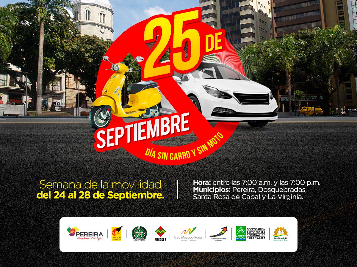 Recuerde que el próximo martes 25 de septiembre será el día sin carro. #MovilidadPereira @RCNPereira <a href="/CaracolPereira/">Caracol Pereira</a> <a href="/eldiariopereira/">El Diario del Otún</a> <a href="/lacarinosa1210/">La cariñosa Pereira 1210AM</a> <a href="/olimpicapereira/">Olimpica St 102.7</a> <a href="/radiounopereira/">Radio Uno Pereira</a> <a href="/TropiPereira/">Tropicana Pereira</a>