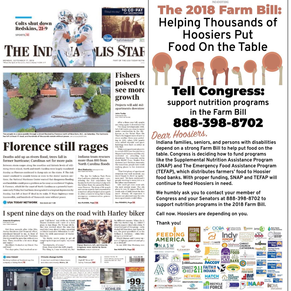 JessicaDFraser's tweet image. We are pleased to join @FeedINsHungry, @FeedingAmerica &amp;amp; many other #Indiana orgs in calling for proper funding of nutrition programs like SNAP and TEFAP in the #FarmBill. Call Congress today at 888-398-8702! #Hoosiers depend on #nutrition programs to put food on the table!