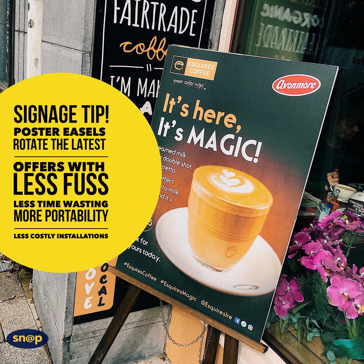 SnapIreland's tweet photo. Love how @EsquiresCoffee are using their easel to rotate between signage for all their different offers! 💛 Every day, something new! @Snapgalway. #talktoSnap abt #display props, #pointofsale #signage - ask for a free signage healthcheck https://t.co/hOhpUrXuop 💡 https://t.co/oH8fHaG8Un