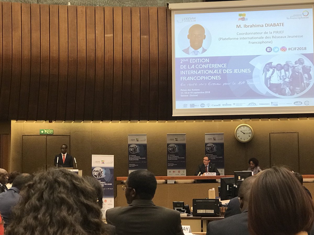 yasdiaby's tweet photo. Intervention de Ibrahima Diabaté, jeune ivoirien, coordinateur au #PIRJEF, qui appelle à la mobilisation autour du #LibreEnsemble #cjf2018 #francophonie https://t.co/gawibyaogB
