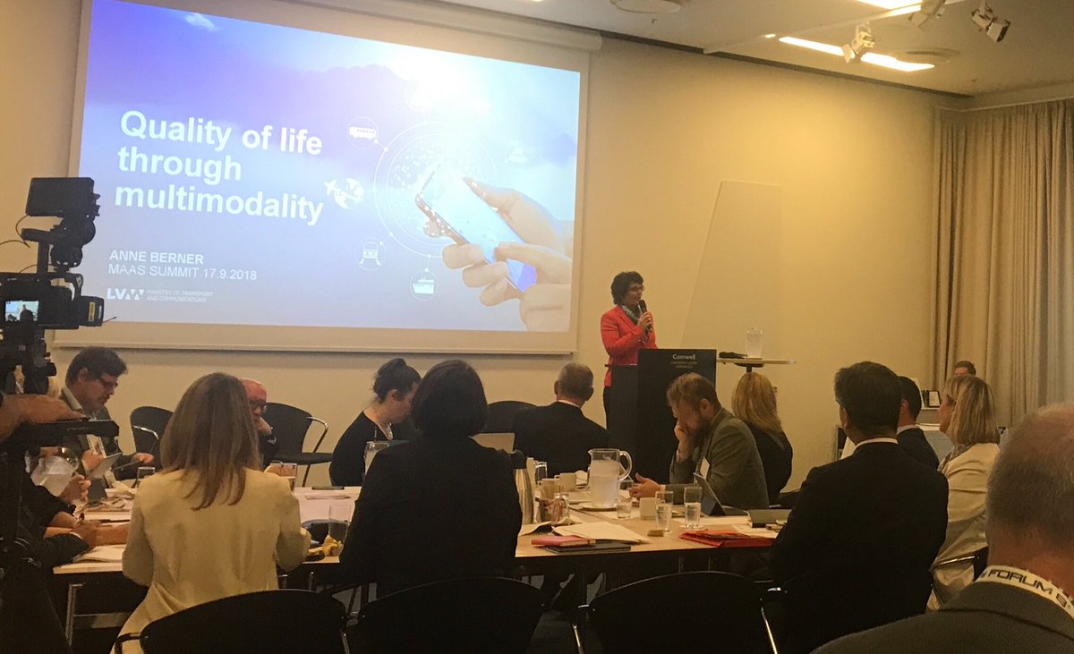 TimoKievari's tweet photo. Minister @AnneBerner says that we've moved from public sector driven transport services to user centric services. This improves our quality of life. Finnish legislation supports API based cooperation between transport operators. #MaaSummit2018 https://t.co/zup1mrOMoe