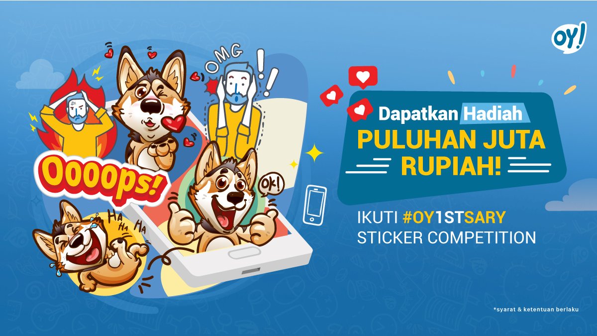 OYIndonesia's tweet photo. Dalam rangka 1st Anniversary, OY! Indonesia mengadakan #OY1STSARY Sticker Competition! Ada total 27 JUTA RUPIAH untuk 3 orang pemenang utama &amp; 12 pemenang favorit.

Kompetisi berlangsung mulai 17 September hingga 30 September 2018. 

Info lengkap cek di 
https://t.co/2jnSaPv3Il https://t.co/0kSxs3Sp1y