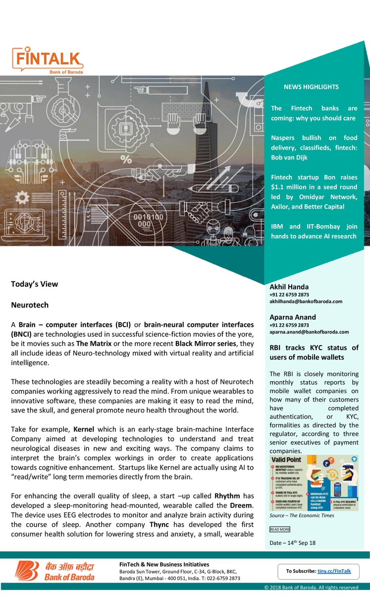 bankofbaroda's tweet photo. Neurotech – A Brain-Computer Interfaces (BCI)! Read more about it in today's Fintalk!
Subscribe here to get more such #Fintech updates:
https://t.co/Pvs1VPpem8
#Rhythm #Thync #GTherapeutics #Synchron
@navitweet321 @aquarianaparna https://t.co/kXquLGAtaL