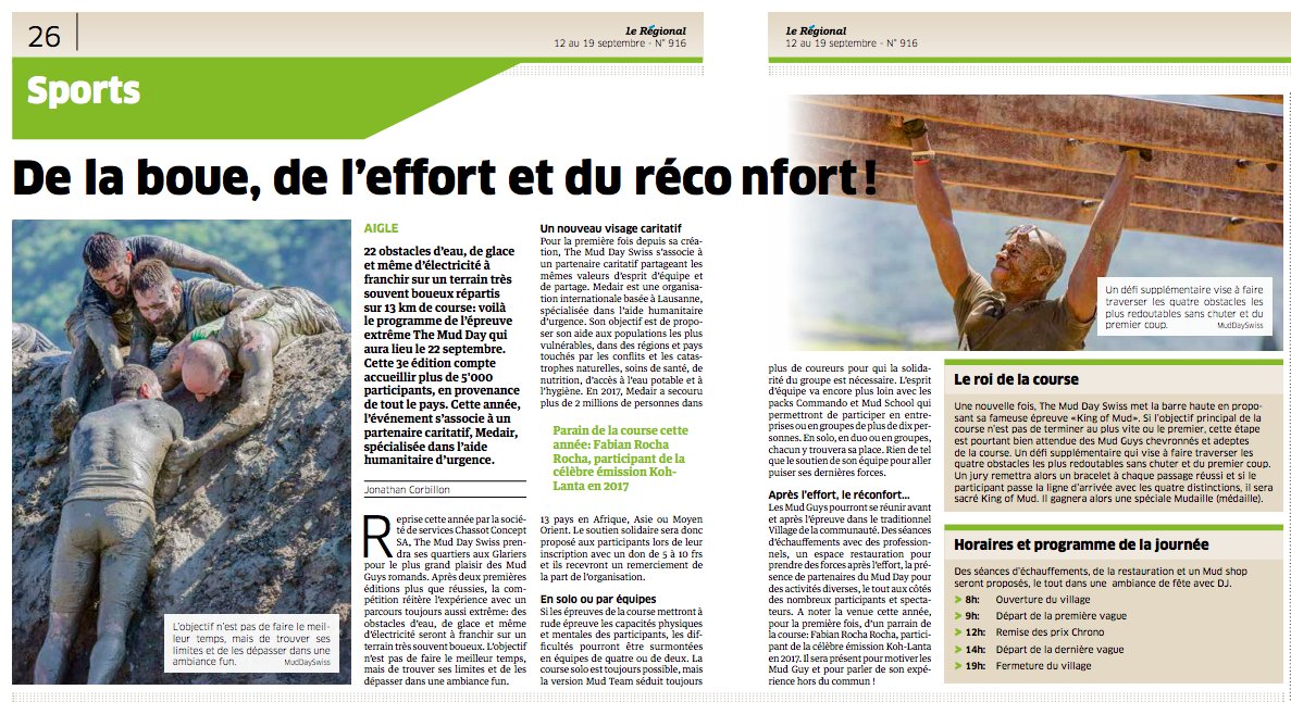 Elitia_Agency's tweet photo. Le Journal Le Régional consacre un grand sujet sur le The Mud Day Swiss dans sa dernière édition! Qui osera braver la boue? Inscriptions jusqu'à demain! Lire en ligne: https://t.co/UXGoWBe1Z5 #ElitiaDaily #TheMudDaySwiss #Presse https://t.co/b45YOg1wYc