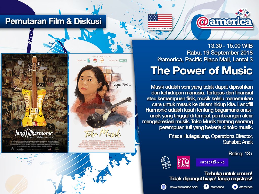 Musik adalah seni yang tidak dapat dipisahkan dari kehidupan manusia. Saksikan pemutaran film tentang bagaimana anak2 yang tinggal di tempat pembuangan akhir mengapresiasi musik. Datang ke <a href="/atamerica/">@america</a> Hari Rabu, 19 September, pukul 13:30 WIB. <a href="/FilmShowcase/">AFS</a> atamerica.or.id/events/3739/Th…
