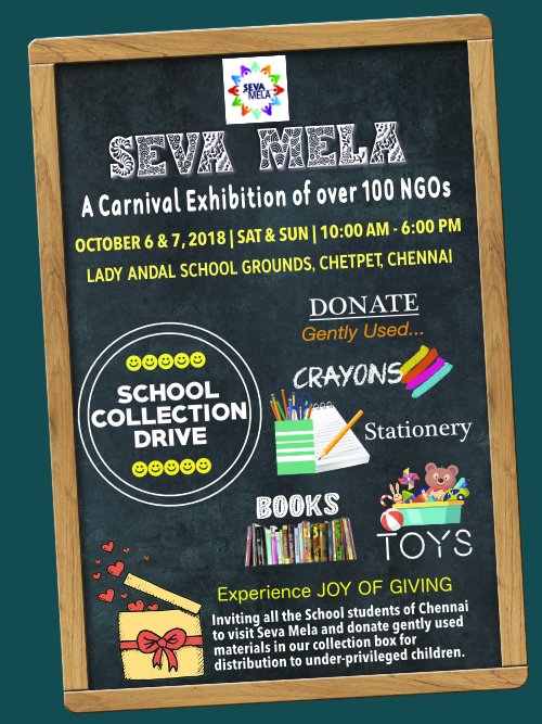 BattleotBuffet's tweet photo. Inviting all the school children of Chennai to Seva Mela 2018 to drop off your old school supplies and enjoy the "Joy of Giving".
@Letz_Change #Crowdfund #Donate #SchoolSupplies #RuralEducation #EducatingIndia #ChennaiSchools https://t.co/eVHPEnNIhs