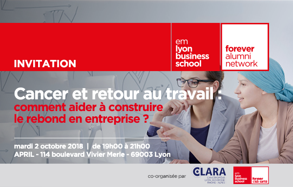 EnfantsCancers's tweet photo. RT @GeodeConseils: @EMLYONFOREVER et @canceroCLARA vous proposent une #conférence en format table ronde sur le thème : "#Cancer et retour au #travail " mardi 02 octobre 2018 à 19h à #Lyon avec #EntrepriseetCancer #FASTRACS @Roche_France @CLCCLeonBerard @… https://t.co/VLBjU9mzWk