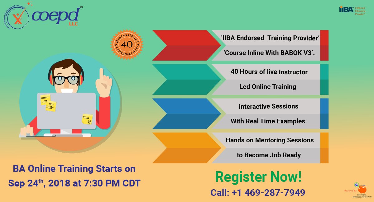 CoepdLLC's tweet photo. Business Analyst Online Live Training - Free Demo..!!!
#BusinessAnalyst Batch starts on September 24th, 2018 at 7:30 PM CDT.
Click Here to Register.!!
https://t.co/aDWa9sCeBl https://t.co/YQc6P1JtJw