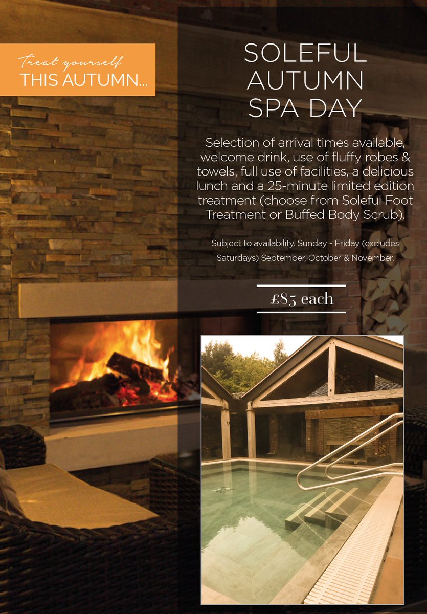 ModdershallOaks's tweet photo. Don't miss our Autumn #Spa Day! Welcome drink, fluffy robes & towels, full use of indoor & outdoor spa facilities, lunch and a 25-minute limited edition treatment - NOW Β£85! 01782 399000
#Offer #ModdershallOaks #Relax #MeTime #AutumnSpa #Staffordshire #GirlsDayOut #CouplesRetreat https://t.co/6XsgpKsEwV