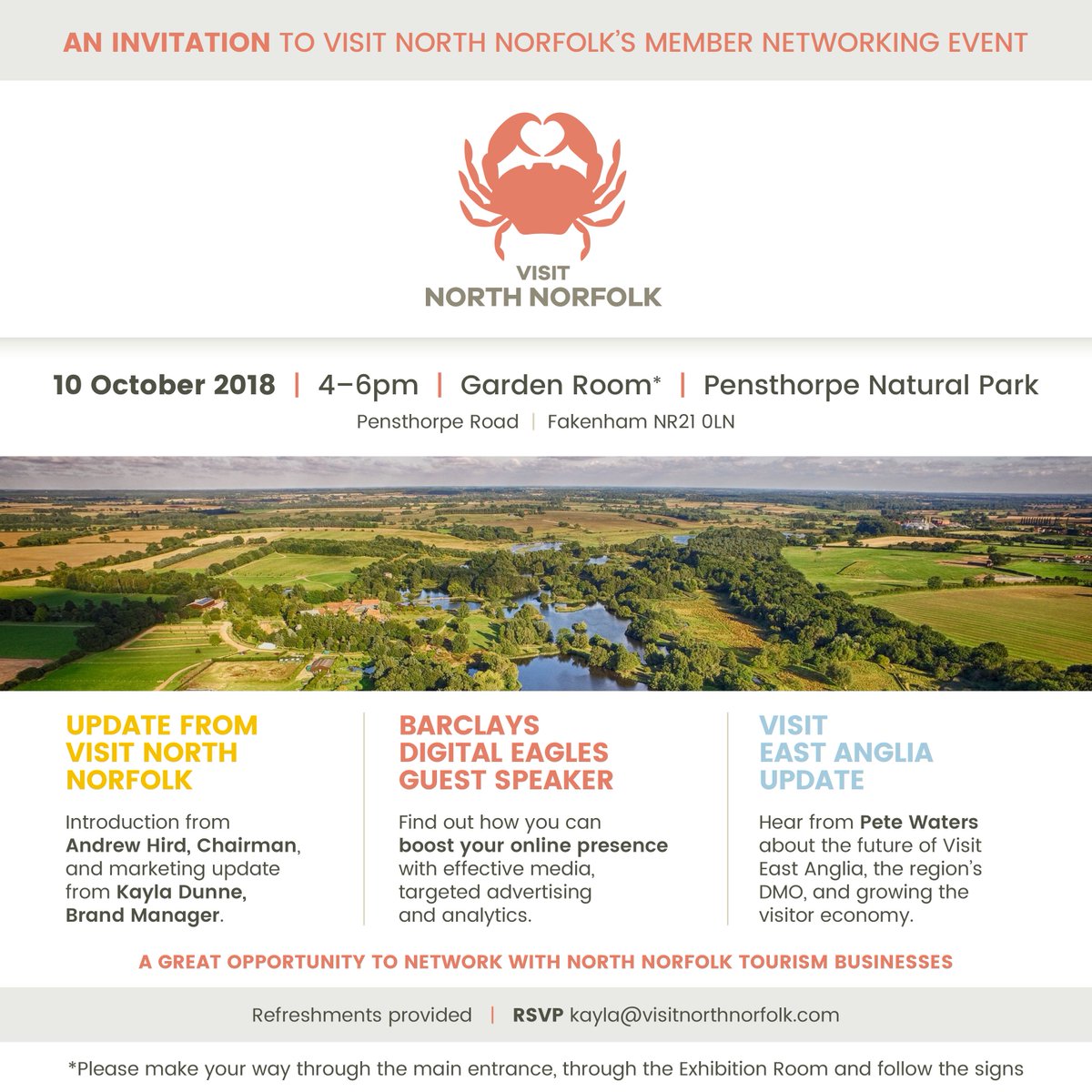 vstnorthnorfolk's tweet photo. Calling #NorthNorfolk tourism businesses! We're holding a FREE marketing &amp; networking event on 10 Oct 4-6 pm at @Pensthorpe.  Hear more about joining your local DMO and there's also a free talk from Barclays Digital Eagles. RSVP required (see image for details). @NorthNorfolkDC https://t.co/HkZeXraAfw