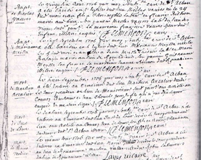 LDGenealogie's tweet photo. #1J1Ancêtre Just #DELOSME époux de #BERNARD Magdeleine est décédé ce 17/09/1706 à St Alban d'Ay (07) 
Son acte de mariage est pour l'instant introuvable mais je ne désespère pas :)
Leur fille Françoise se marie le 4/02/1697 avec #BALANDRAU Estienne veuf d'Antoinette #GOBERTIER. https://t.co/hB6smu2NAP