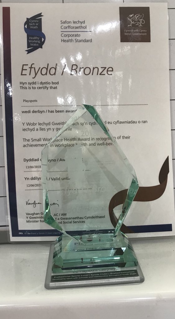 PlaySportsLtd's tweet photo. Honoured to have received our #SWHA Bronze Award & Certificate from @Healthywork_HWW which is taking pride of place on our mantelpiece! We are proud to be the first business of our kind to achieve this award in #Wales & we’re looking forward achieving many more in the future!🙌🏻 https://t.co/EPwhZAOqW3