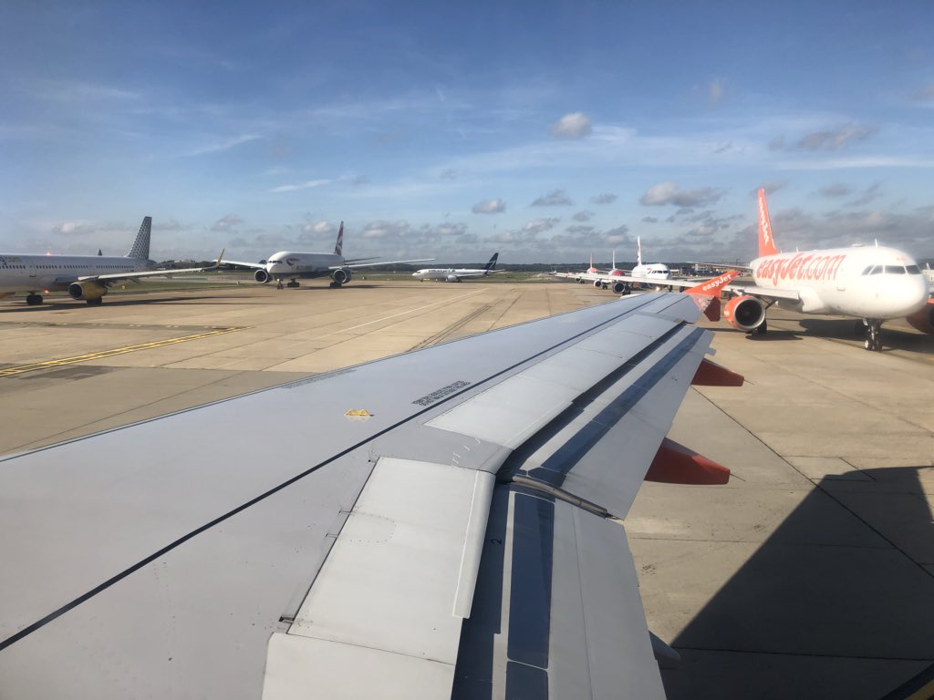 PrestonCharli's tweet photo. I think it’s safe to say there is a queue to take off at Gatwick this morning #delayedflight #funofflying https://t.co/6k6qSgwrKR