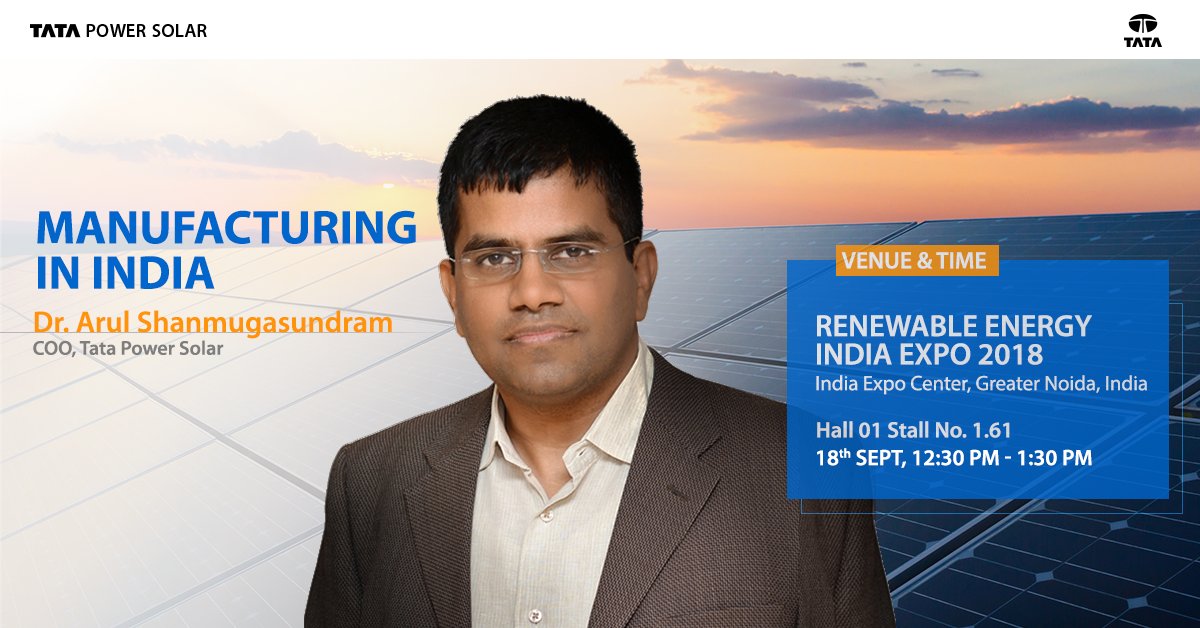 _TPREL_'s tweet photo. Dr. Arul Shanmugasundram, COO, Tata Power Solar is geared up to deliver incisive insights about Manufacturing in India. Dr. Arul will speak on the latest trends that define the future. You are cordially invited to attend the session by #BridgeToIndia on 18th September. https://t.co/o0tuE4vyRA