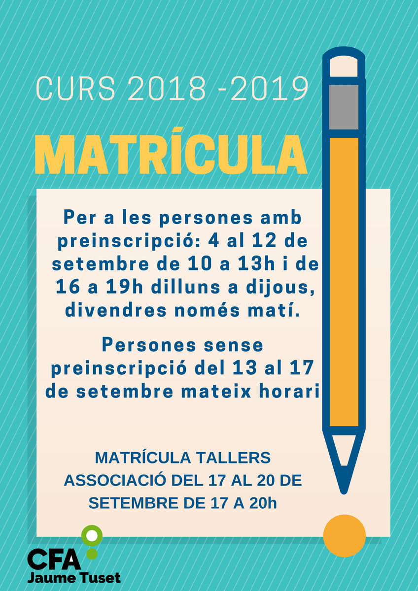 Avui és l'últim dia per fer la matrícula als cursos del <a href="/CFAJaumeTuset/">CFA Jaume Tuset de Ripollet</a> . També s'obren les inscripcions als tallers de l'Associació Cultural i d'EA Jaume Tuset. L'horari d'atenció de l'Ass. és de 17 a 20 h, del 17 al 20 de setembre.