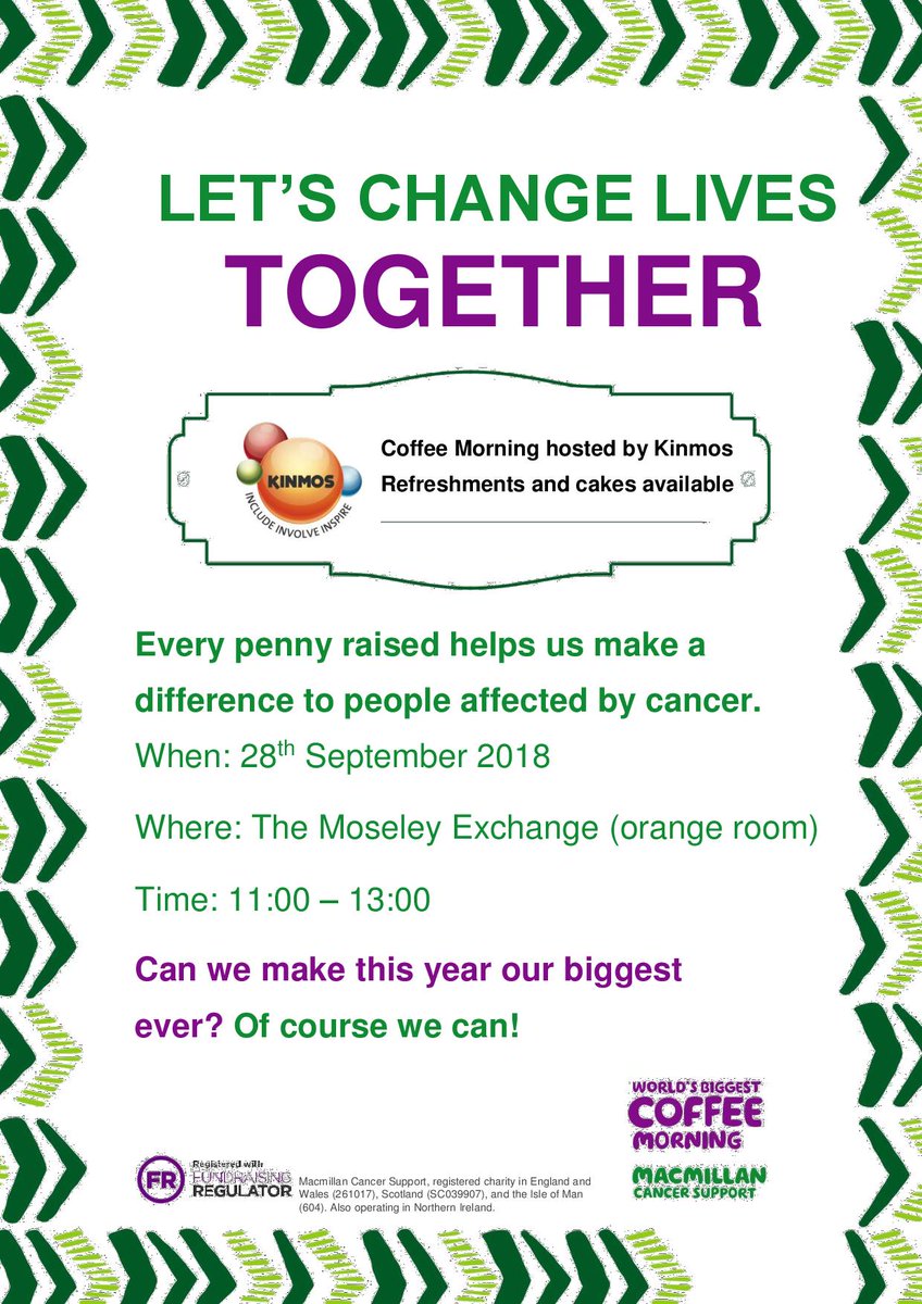 MoseleyExchange's tweet photo. Join us for the World's Biggest Coffee morning - Macmillan!!! 28th September 11:00 to 13:00 at the @MoseleyExchange Refreshments & cakes available Hosted by #Kinmos #moseley #kingsheath #macmillan @macmillancancer https://t.co/bUrCbymLBY