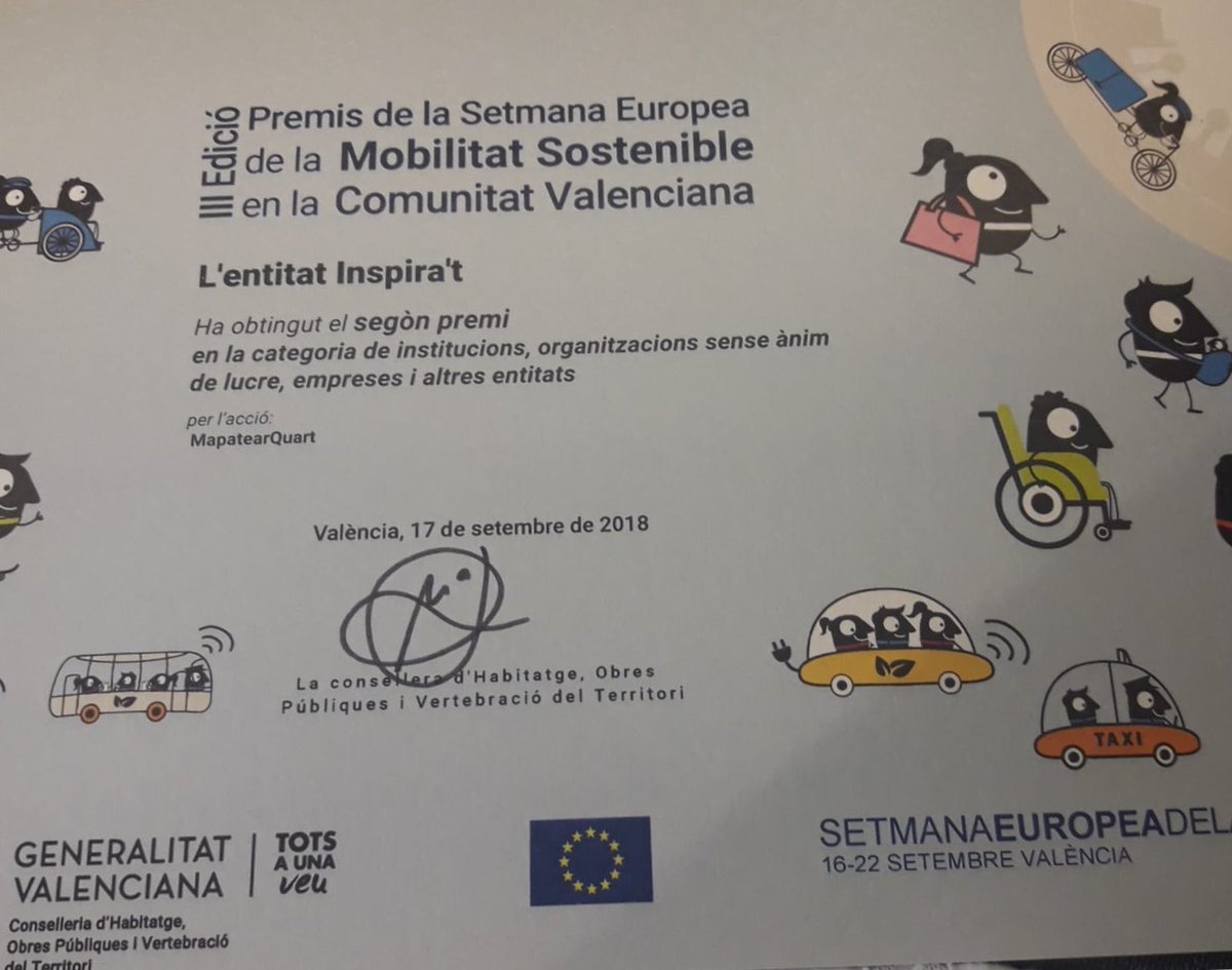 PIFE_'s tweet photo. Nadia Navarro y Jesús Moreno de INSPIRA’T reciben de manos de la Consellera María José Salvador el premio obtenido por su proyecto #MapatearQuart en el marco de la Semana Europea de la Movilidad Sostenible #SEMcv2018 acompañados por @maiteibama de @quartdepoblet 👏🏼👏🏼👏🏼 https://t.co/3oo26Wjl0I